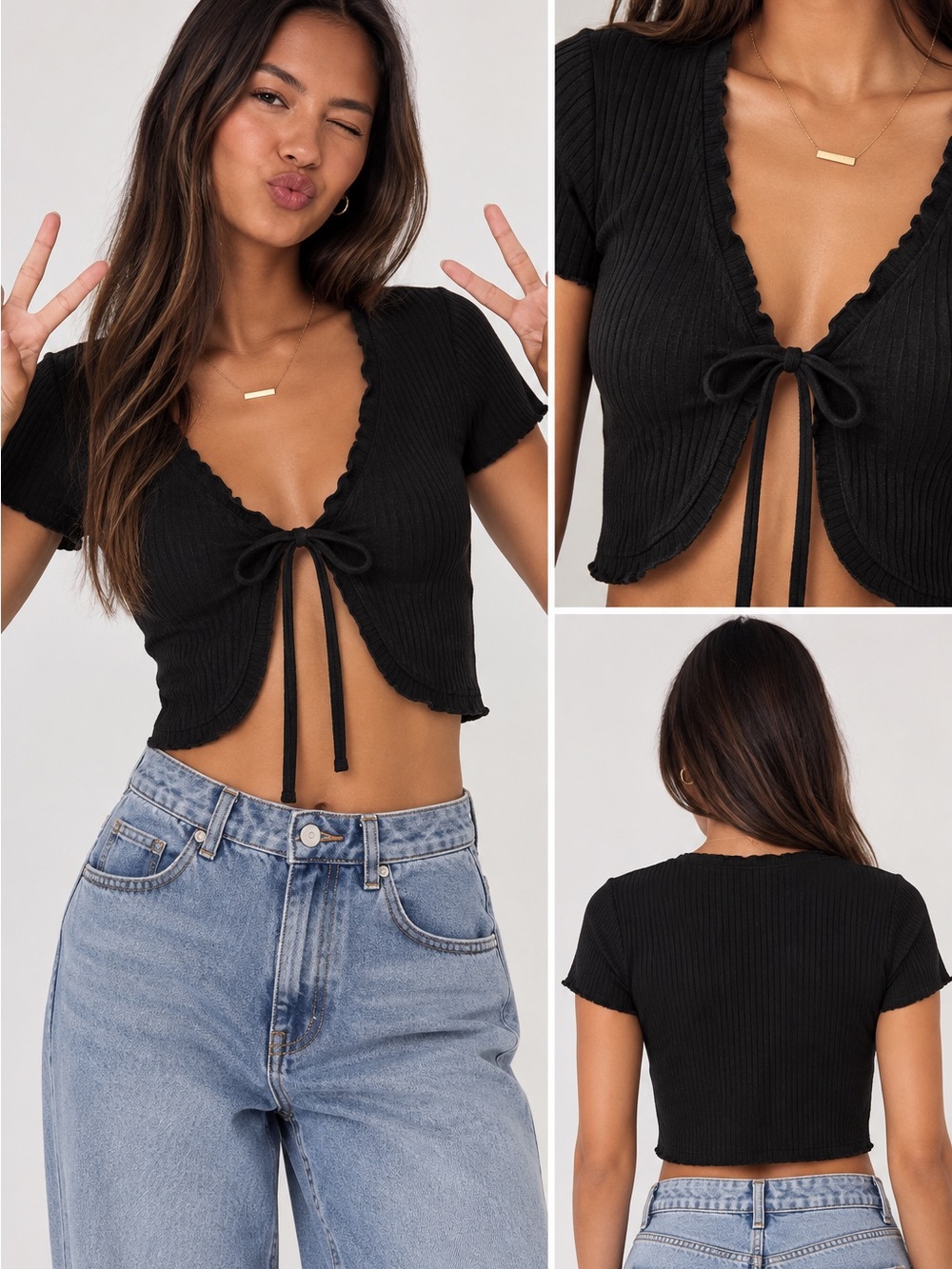 SAINTS 21 Black Ribbed Tie Front Cropped Cardigan Top Size L